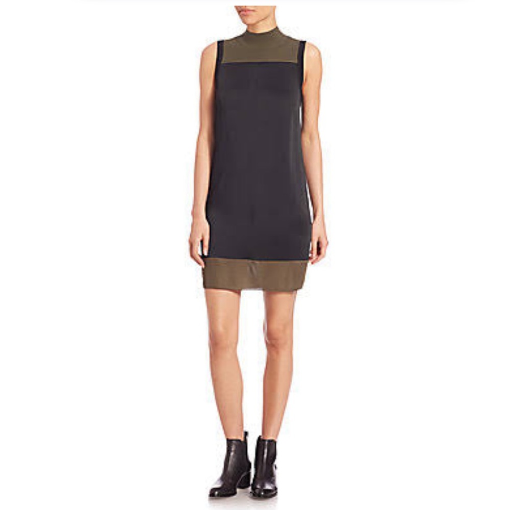Rag and Bone Black Green Satin Colorblock‎ Mock Neck Mini Dress Size Medium